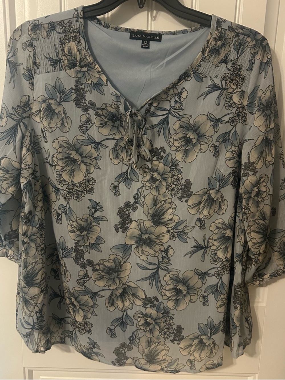 Sara Michelle Powder Blue Floral Tie-Neck Blouse